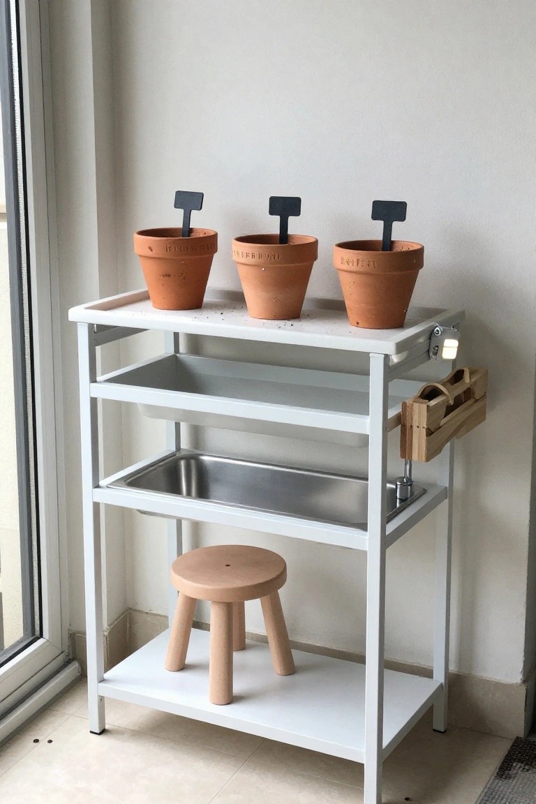 White cart with three terracotta pots, sink, wooden stool, and tool holders.