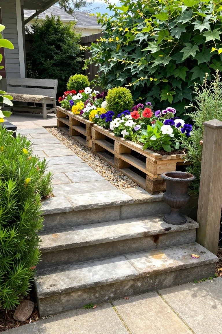 Wooden pallet planters arranged in tiers along a stone path and steps, filled with colorful flowers and small shrubs.