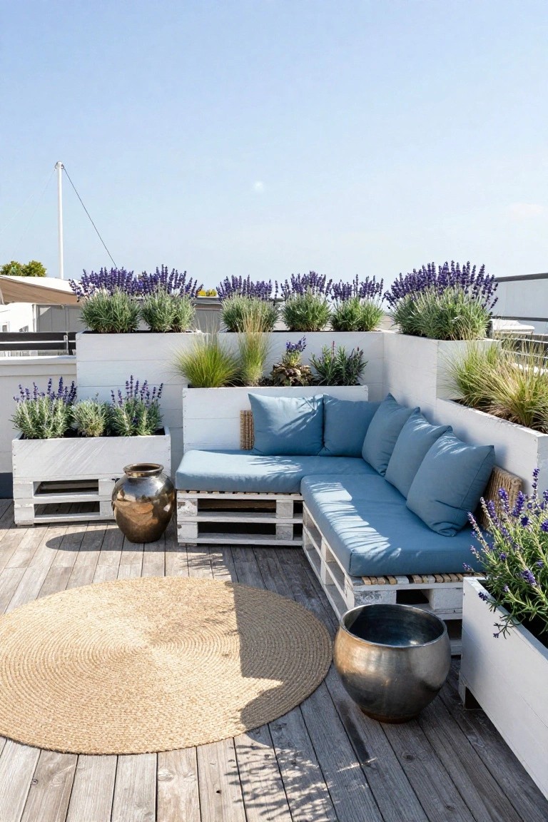 White painted pallet L-shaped sofa with blue cushions on a wooden deck, bordered by white planter boxes holding lavender and grasses.