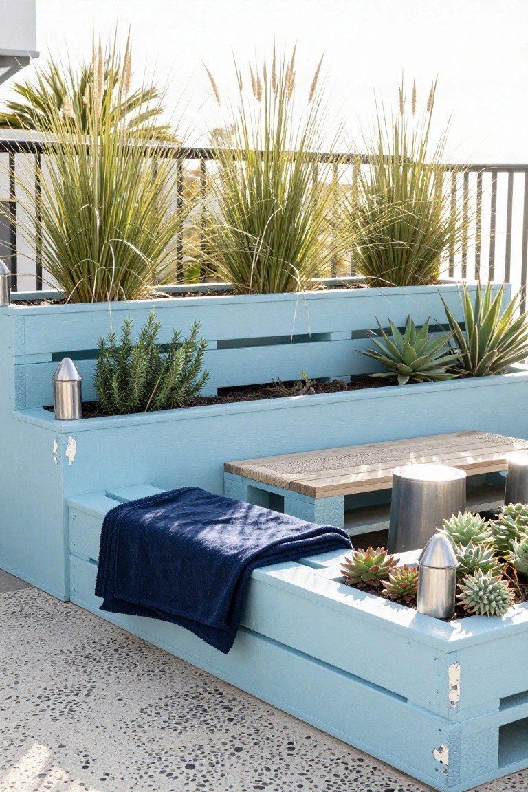 A light blue tiered pallet planter with multiple levels holding grasses and succulents next to a small wooden bench on a balcony.
