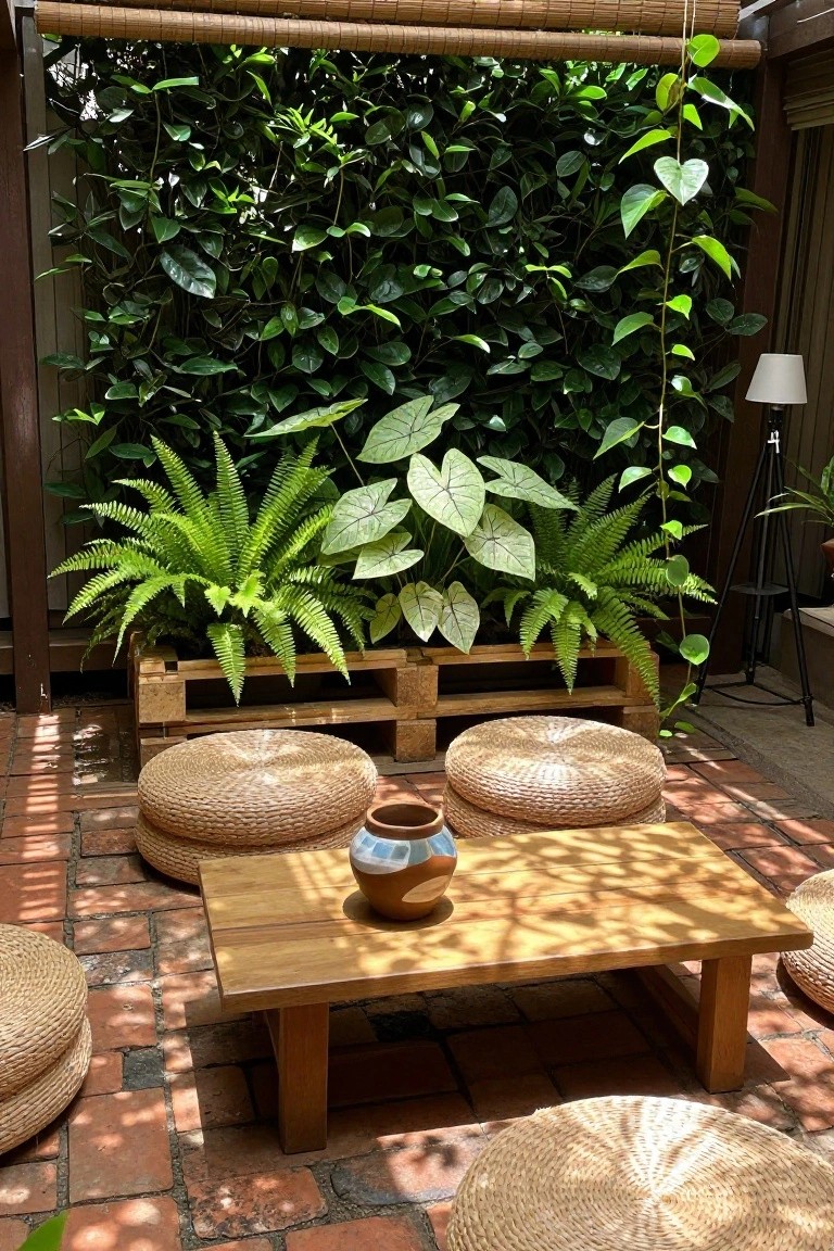An outdoor brick patio with a multi-level wooden pallet planter filled with ferns and leafy plants, woven stools, and a low wooden table.