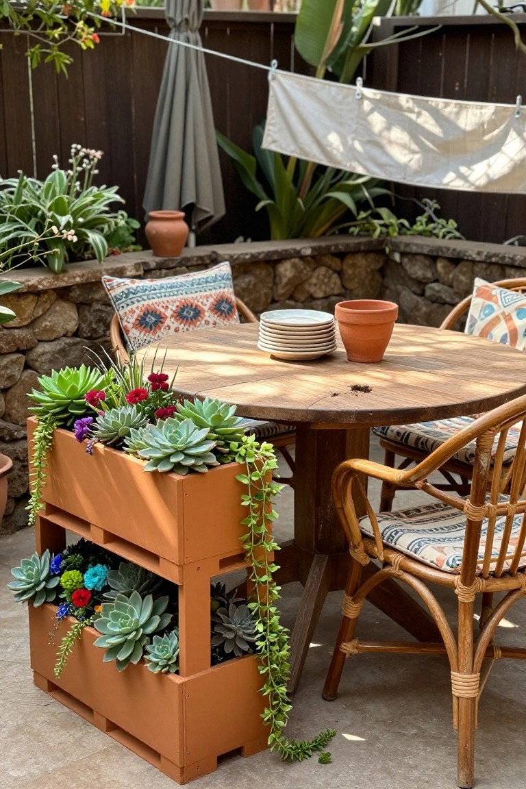 A tiered wooden pallet planter painted orange holds succulents beside a round wooden patio table with rattan chairs.
