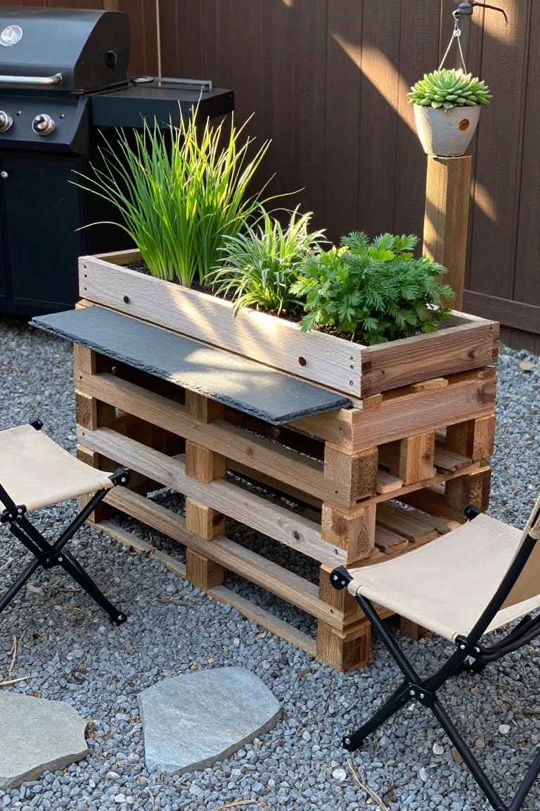A reclaimed wood pallet holds a raised planter box with green herbs and a flat slate ledge on one tier, placed on gravel between two folding chairs.