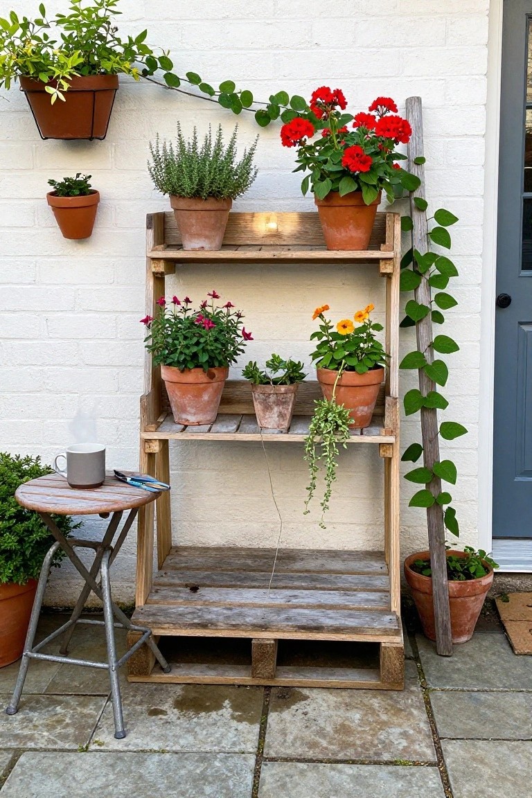 A tiered wooden pallet shelf unit filled with potted plants stands against a white brick wall beside a blue door, with a small folding table nearby.