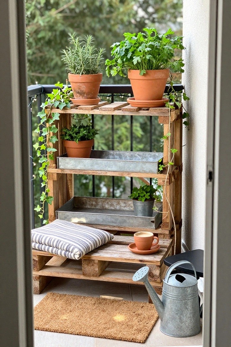 Wooden pallet shelves on a balcony hold terracotta pots of herbs and small plants, with metal trays and a cushion on the lower level.