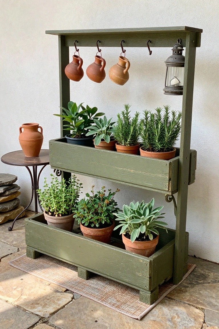 Green wooden two-tier herb stand with potted plants, hanging jugs, and lantern