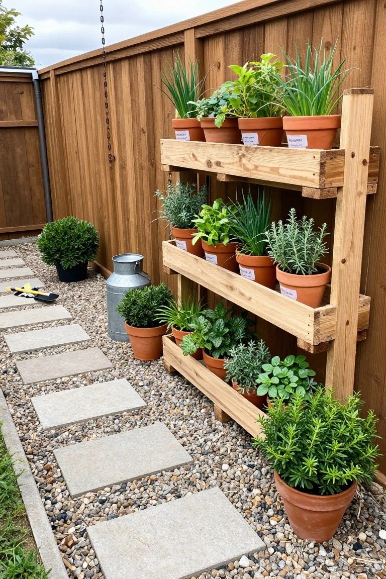 A three-tier wooden planter structure mounted on a fence holds rows of terracotta pots with various plants next to a gravel path with concrete stepping stones.