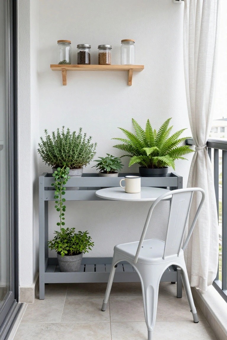 Gray plant stand with potted ferns, white round table and metal chair on balcony.