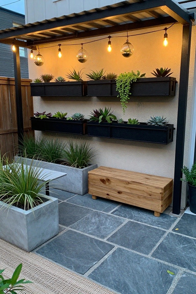 A patio wall fitted with two rows of black rectangular planters holding succulents and trailing plants, next to a wooden bench and concrete planters on stone pavers.