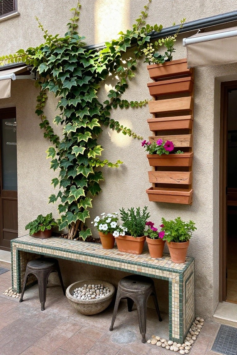 A stucco wall with a vertical stack of wooden tiered planters holding flowers, climbing vines on the left, and a tiled bench with potted plants below.