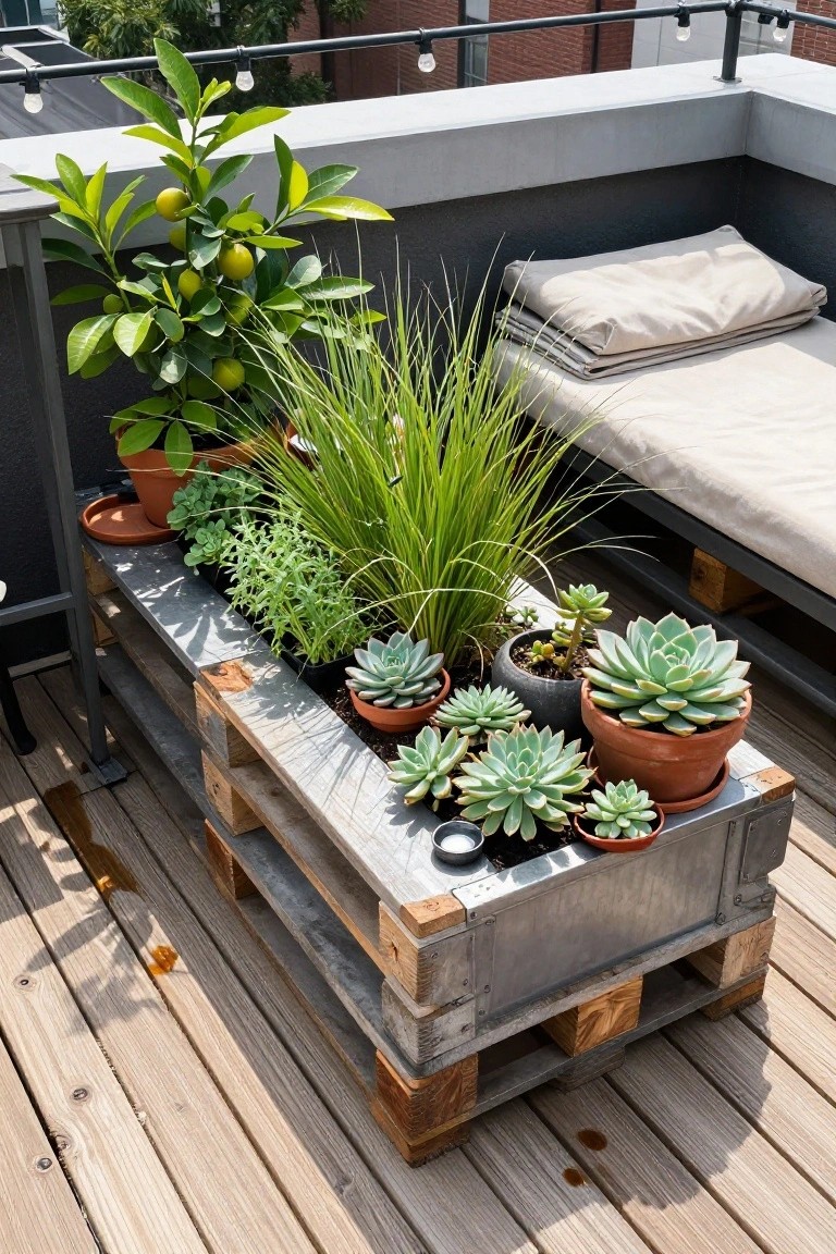 A wooden pallet structure with a metal frame holds multiple potted succulents and taller plants on a balcony beside a daybed.