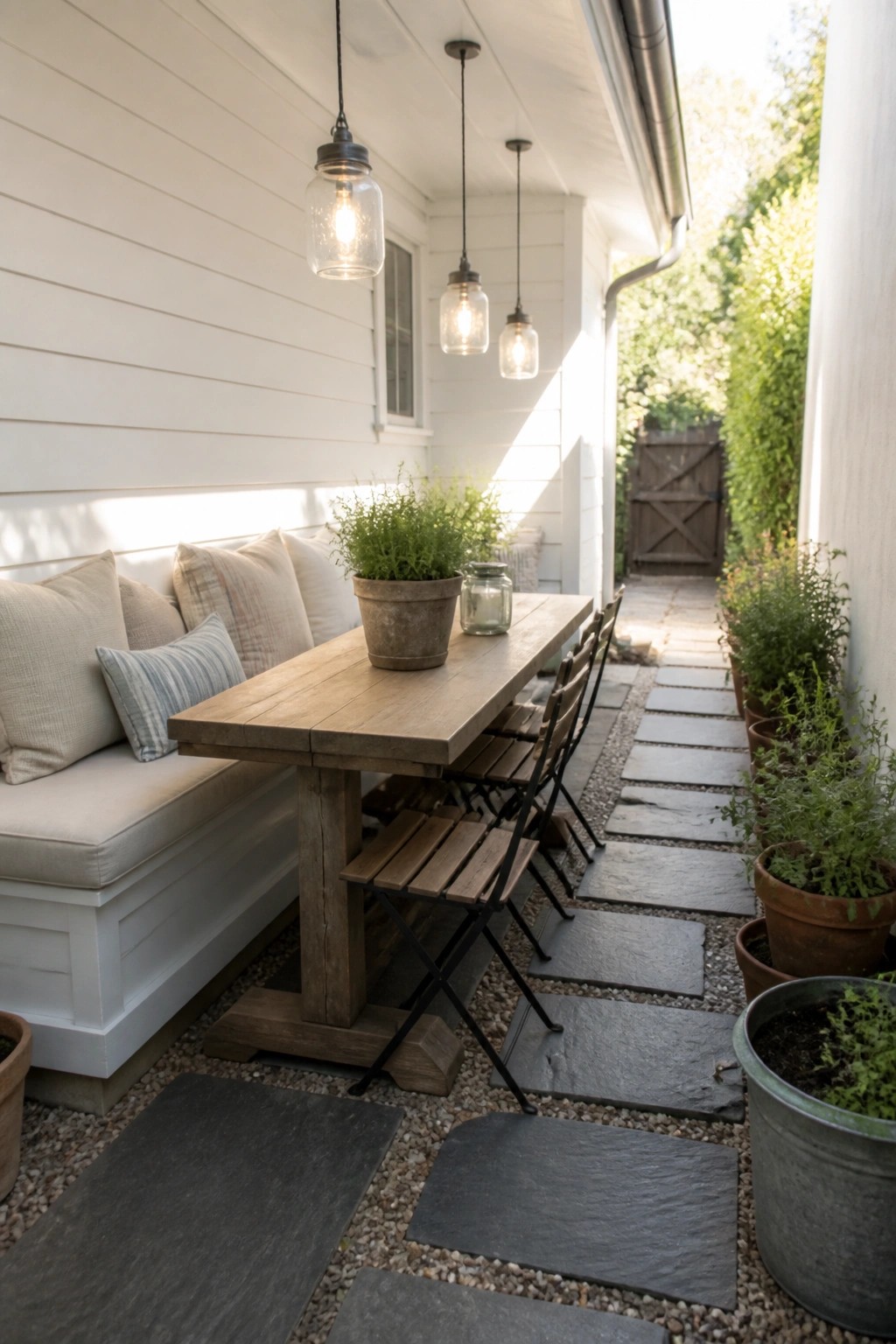 A narrow covered patio features a long wooden table with a built-in cushioned bench on one side, black folding chairs on the other, hanging mason jar lights, and a stone path bordered by potted plants.