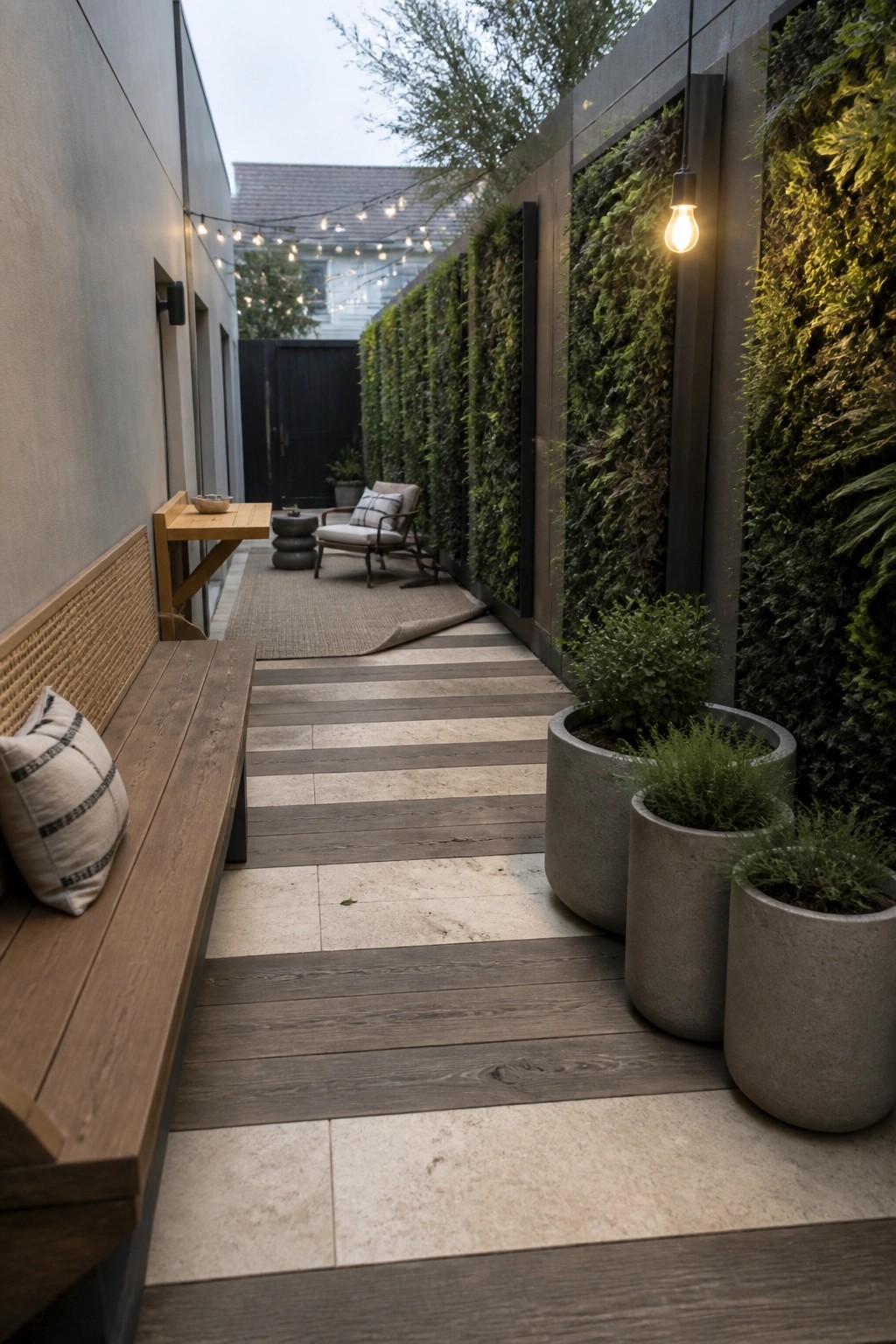 A narrow outdoor patio features a wooden bench with a pillow, mixed wood and stone flooring, potted plants, and tall vertical garden walls along one side.