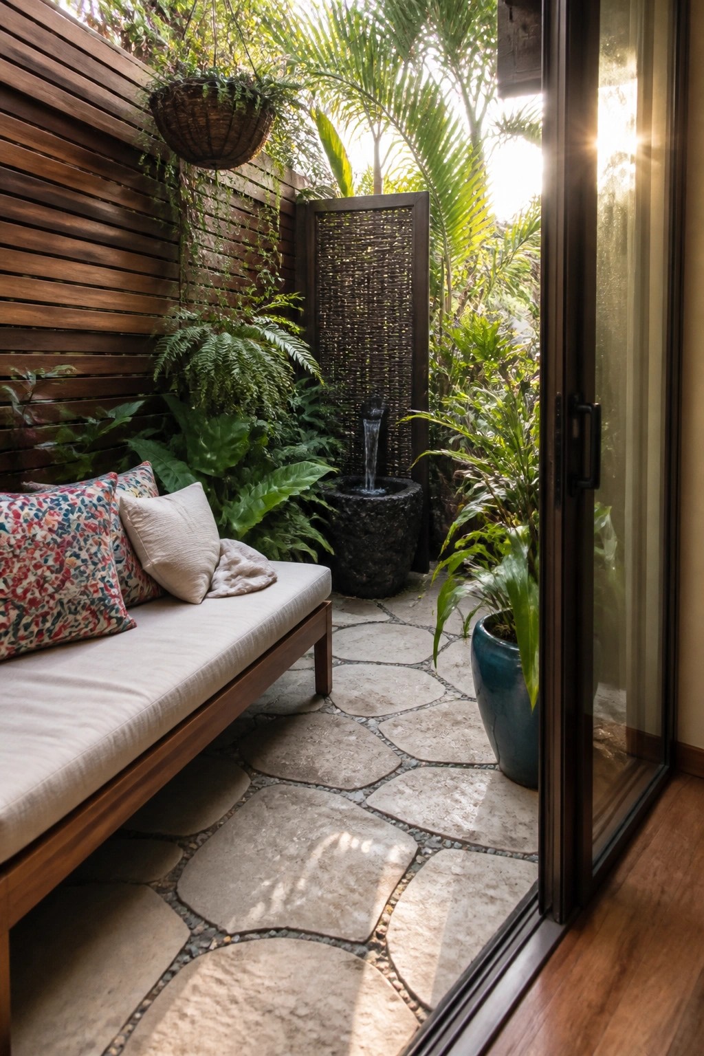 A narrow outdoor patio with a cushioned bench against a wooden slat wall, flagstone path, and a stone water fountain at the far end.