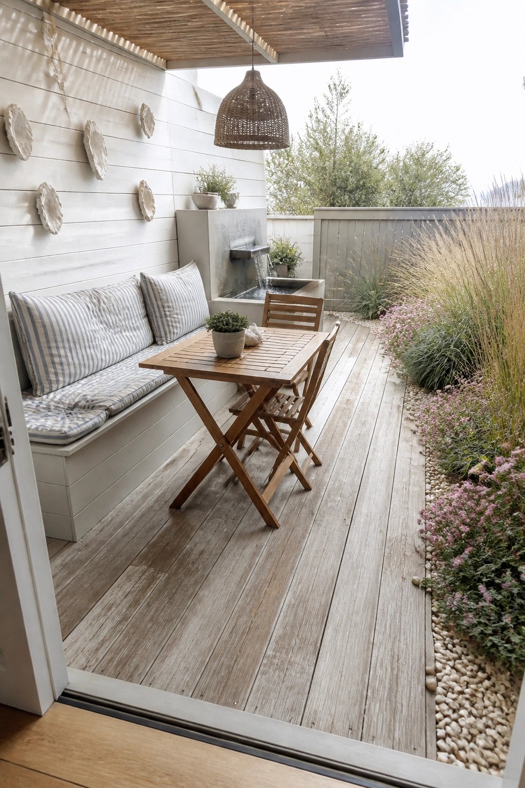 A narrow wooden deck patio featuring a built-in bench with striped cushions along a white wall, a small wooden table with chairs, a hanging woven light, and a planted border with pebbles along the right edge.