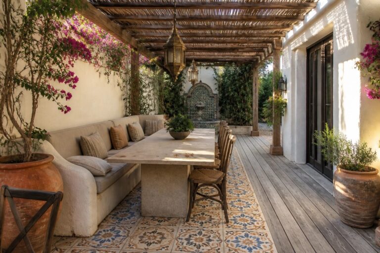 Stone dining table on patio with bench, chair, lanterns, and bougainvillea under wooden pergola.