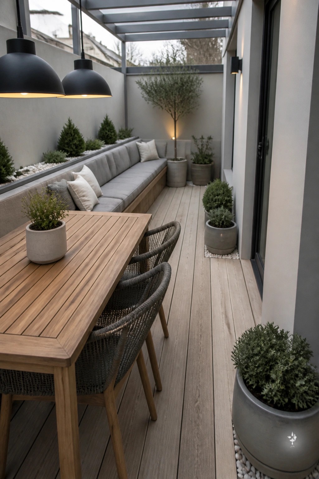 A narrow outdoor patio features built-in gray bench seating along one wall, a wooden dining table with woven chairs, potted plants, and light wood decking under a pergola structure.