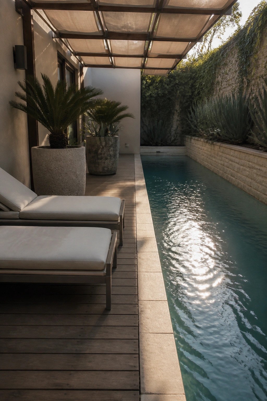 A long narrow pool runs beside a wooden deck holding two white lounge chairs and several large potted plants under an overhead shade structure.
