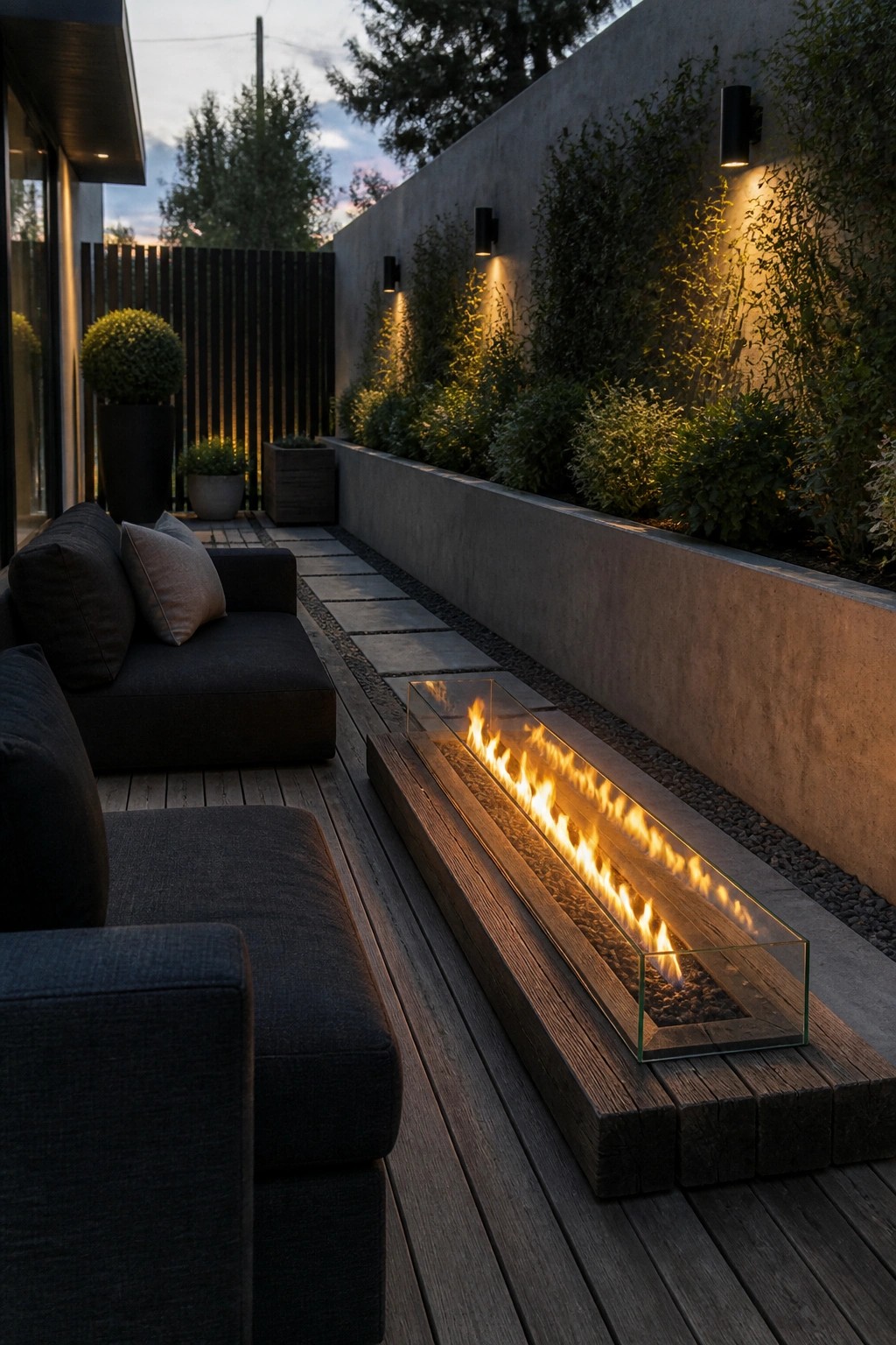 A narrow wooden deck patio features a long rectangular glass fire pit running parallel to dark sectional seating on one side and a raised concrete planter with wall lights on the other.