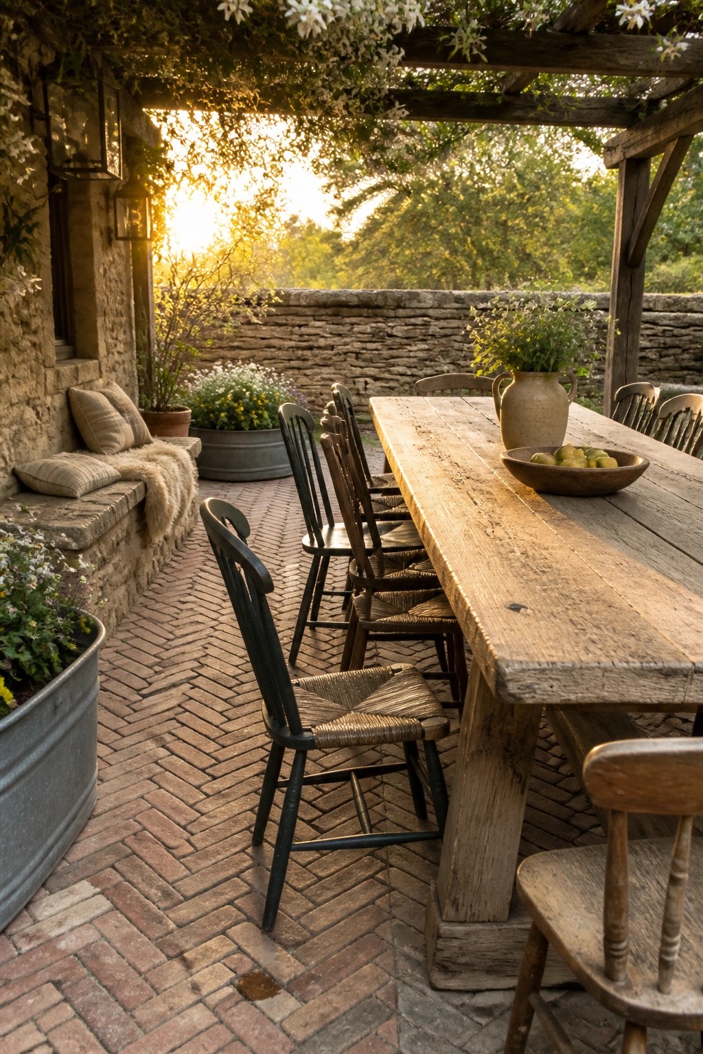 Rustic wooden table with black woven chairs on brick patio under pergola at sunset