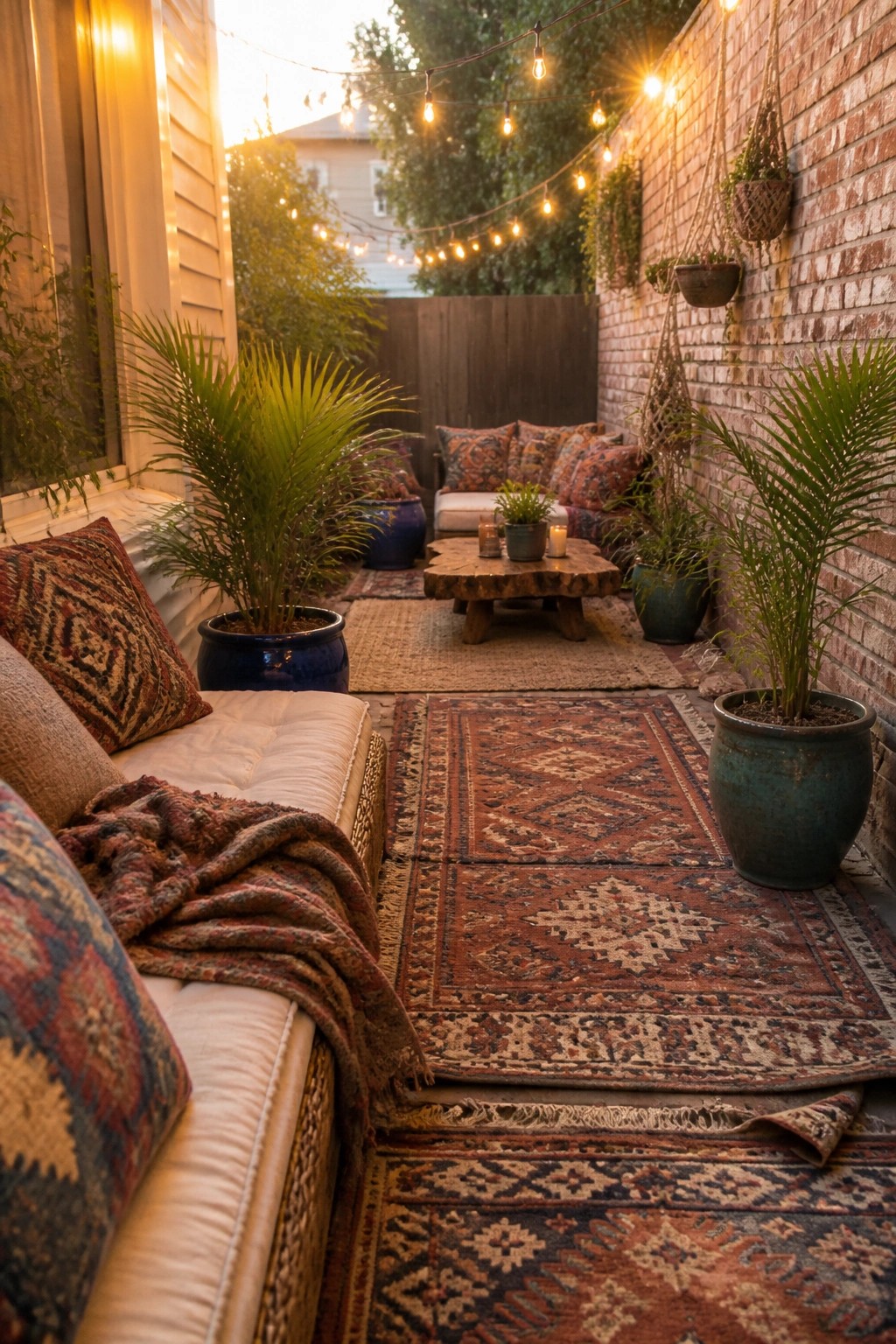 A narrow patio bordered by a brick wall on one side and house siding on the other, with multiple patterned rugs laid end to end, potted plants, string lights, and a seating area at the far end.