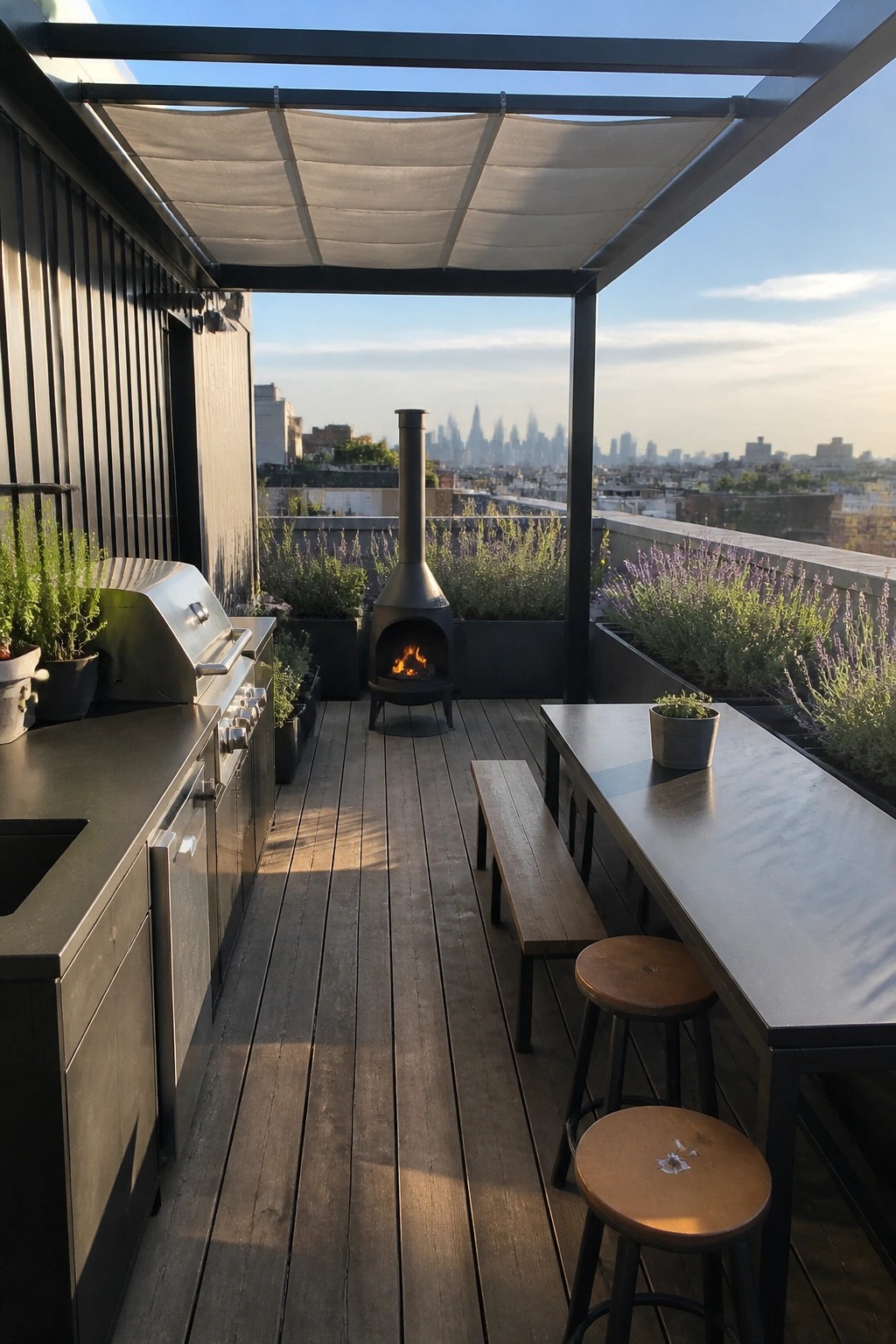 A long narrow rooftop patio with a stainless steel outdoor kitchen along the left side, a central fireplace, and a dining table with stools along the right side.