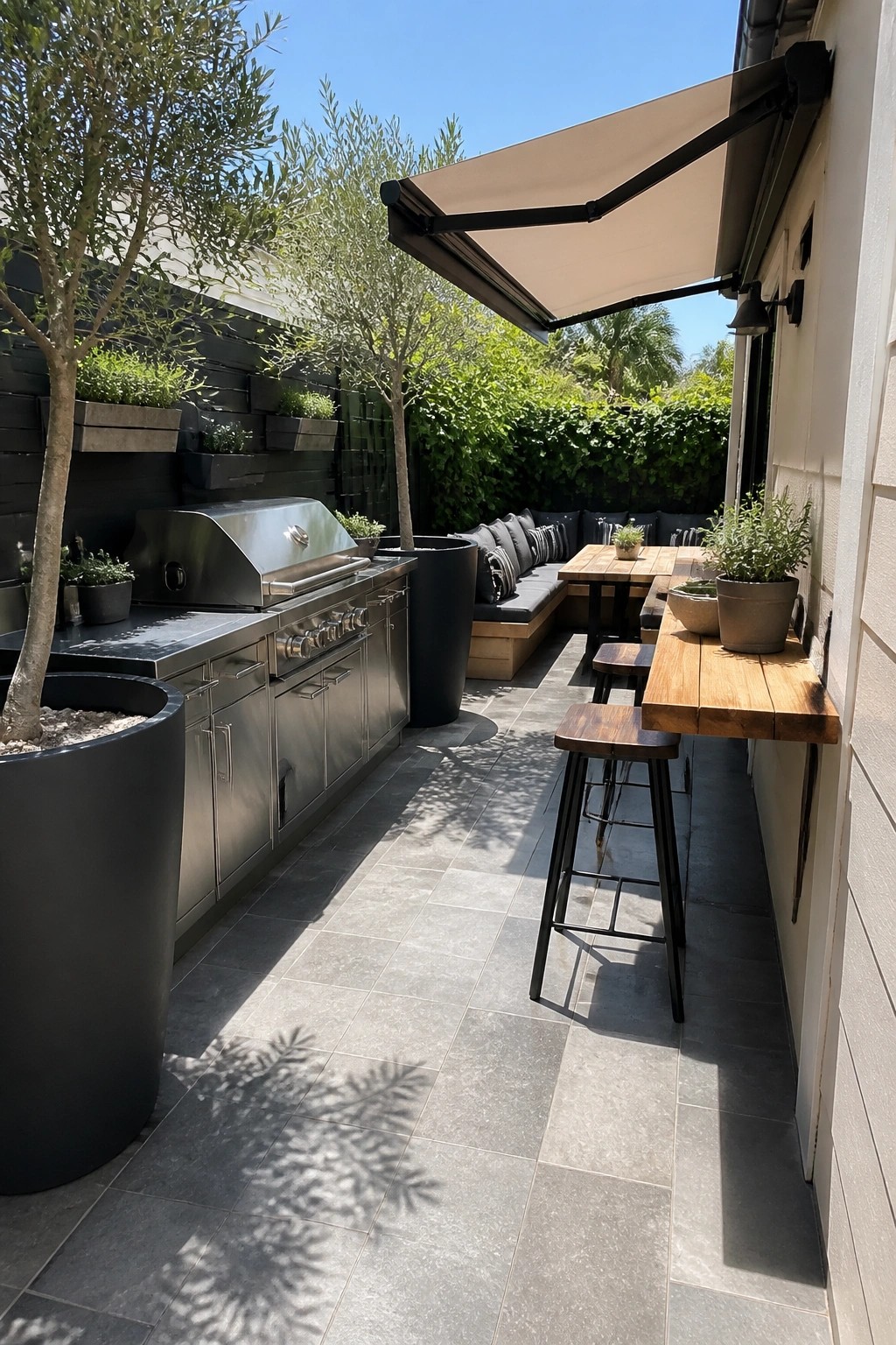 A long narrow outdoor patio with a stainless steel kitchen running along the left wall, a built-in bench at the far end, wooden stools at a central table, and a wall-mounted wooden bar on the right.