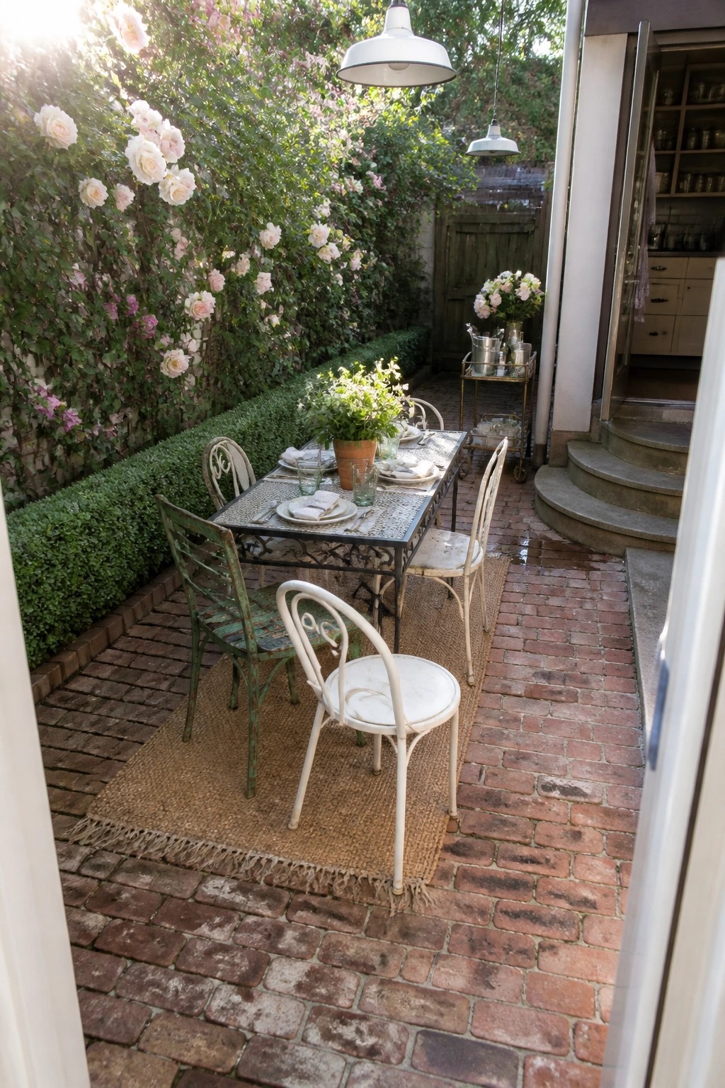 A long narrow brick patio with a rectangular dining table placed lengthwise on a jute rug, surrounded by mixed metal chairs and backed by a rose-covered wall.
