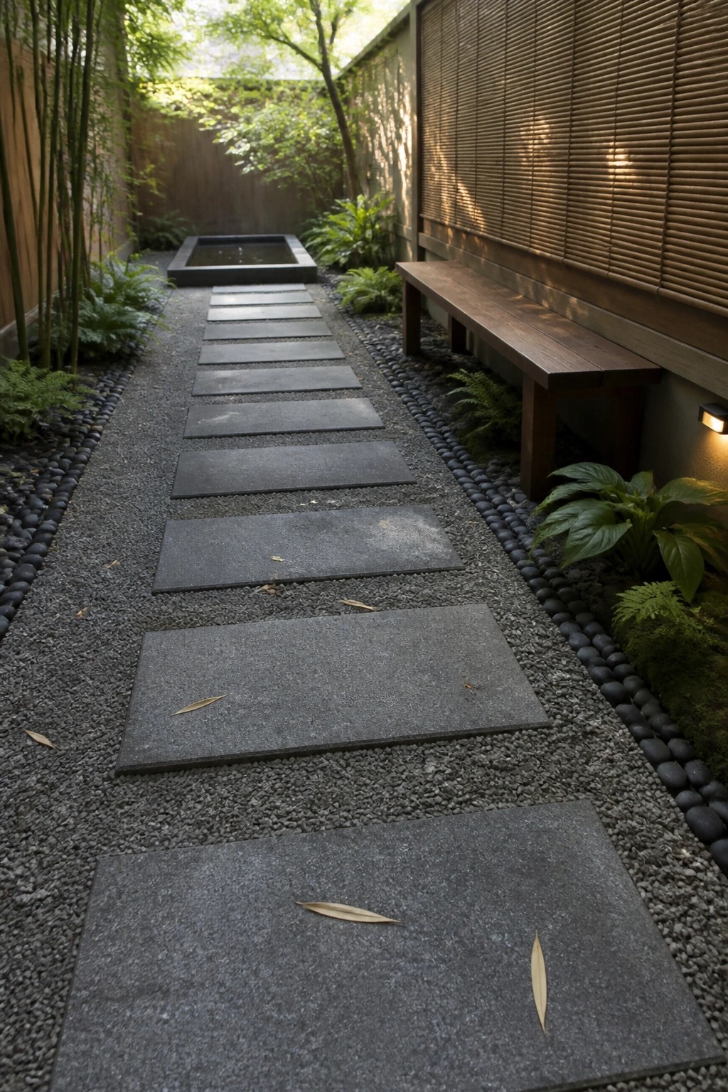 A narrow outdoor garden path with large rectangular gray stepping stones set in dark gravel, bordered by plants and a wooden bench on the right side.