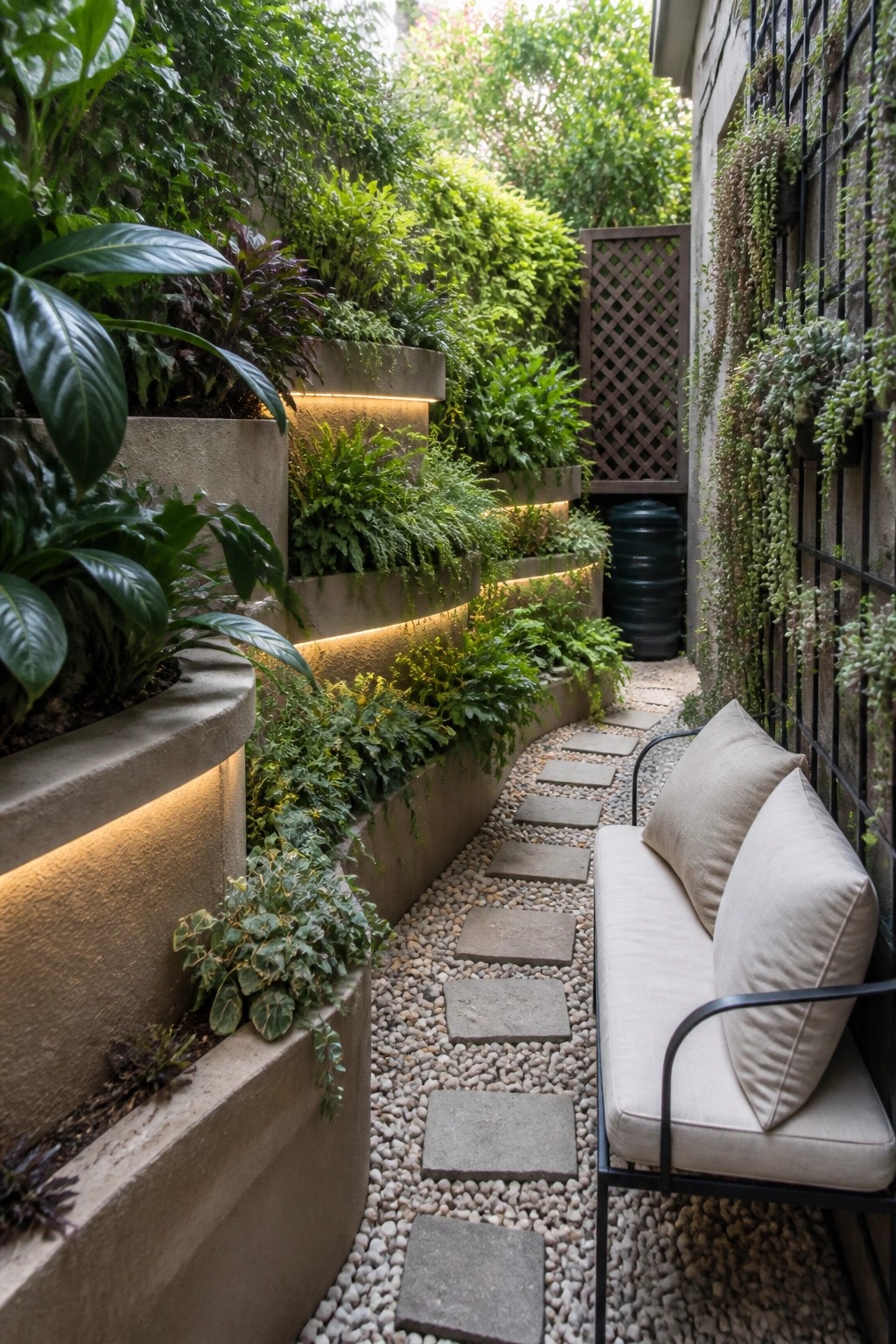 A narrow outdoor space with tiered concrete planters filled with green plants along the left side, a gravel path with stone pavers, and a cushioned bench against a vine-covered wall on the right.