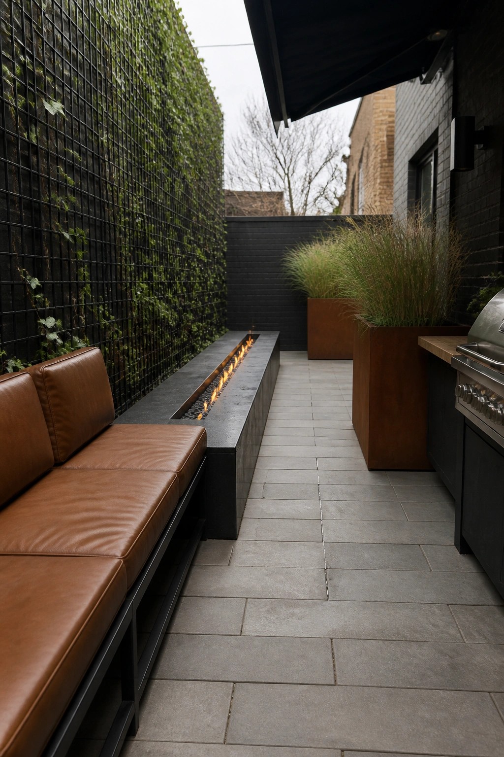 A narrow outdoor patio with gray tiles shows a long concrete fire pit with flames, brown leather bench seating along the left wall, and tall planters with grasses on the right next to a grill.