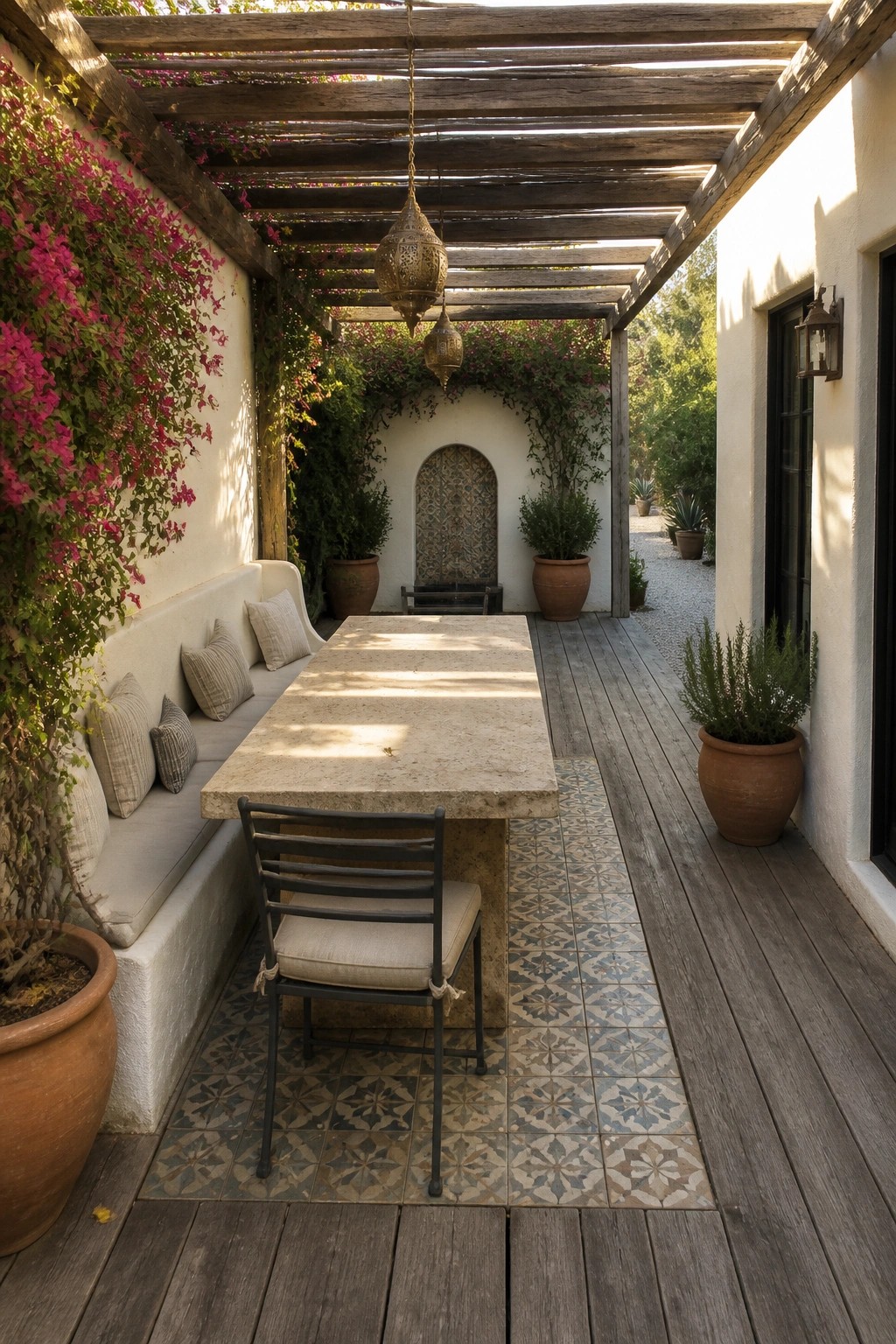 Stone dining table on patio with bench, chair, lanterns, and bougainvillea under wooden pergola.