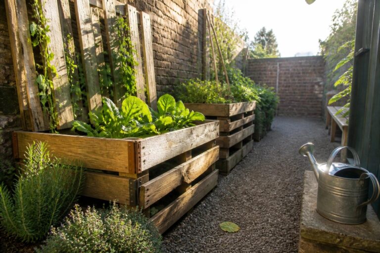 20 Productive Pallet Raised Bed Ideas for Compact Vegetable Gardens Wooden pallet raised beds with green plants sit along a brick wall beside a gravel path.