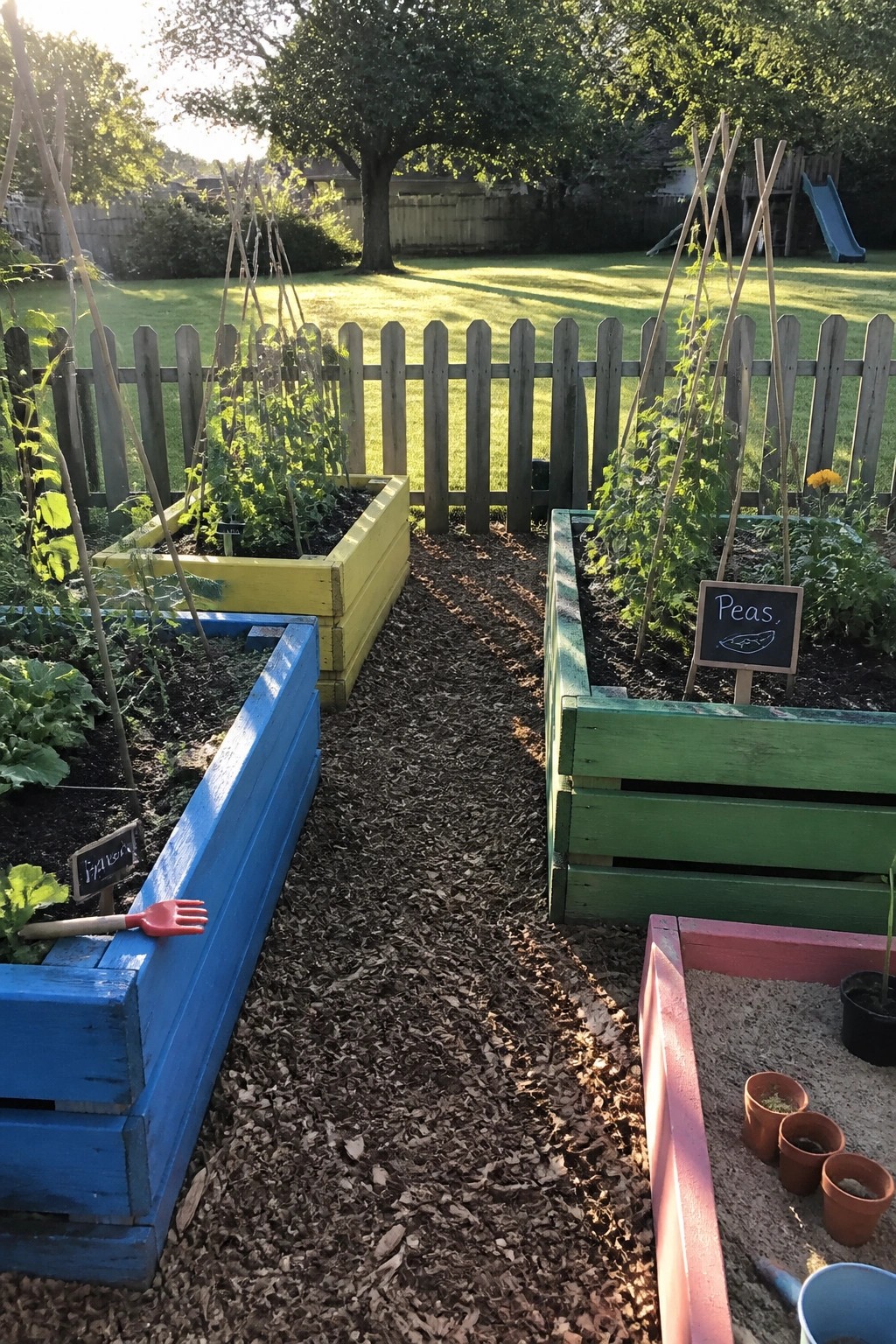 A backyard vegetable garden with multiple painted wooden raised beds in blue, yellow, green, and pink, separated by mulch paths and fitted with wooden plant supports.