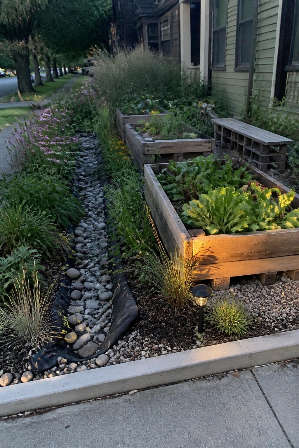 Wooden pallet raised beds with leafy vegetables line a narrow garden strip next to a gravel path bordered by rocks and low plants in a residential yard.