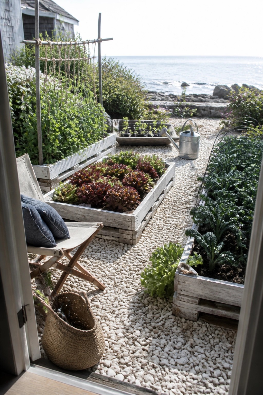 Coastal garden with wooden raised beds of lettuce, chair, and basket by the sea
