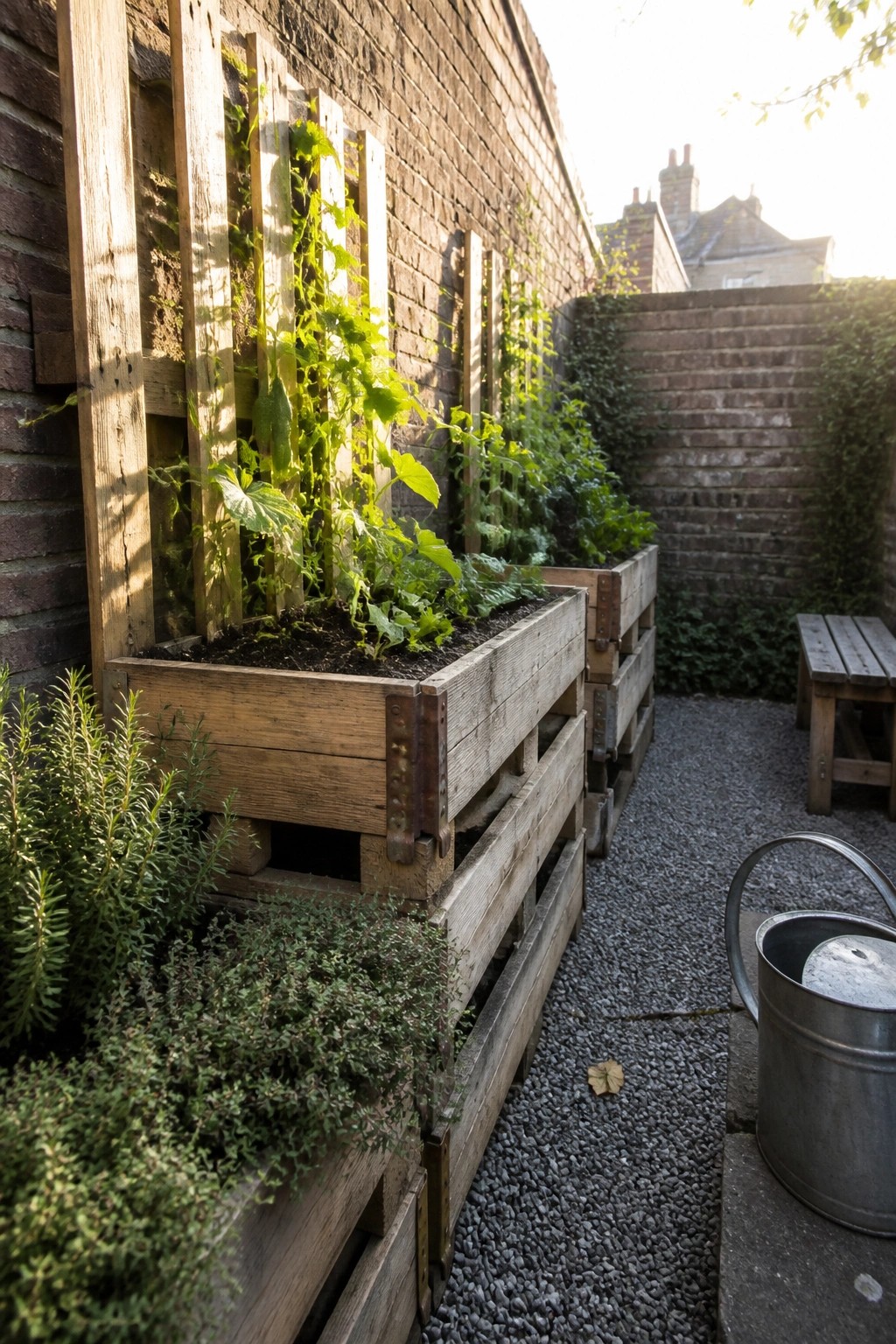 Wooden pallet raised beds with green plants sit along a brick wall beside a gravel path.