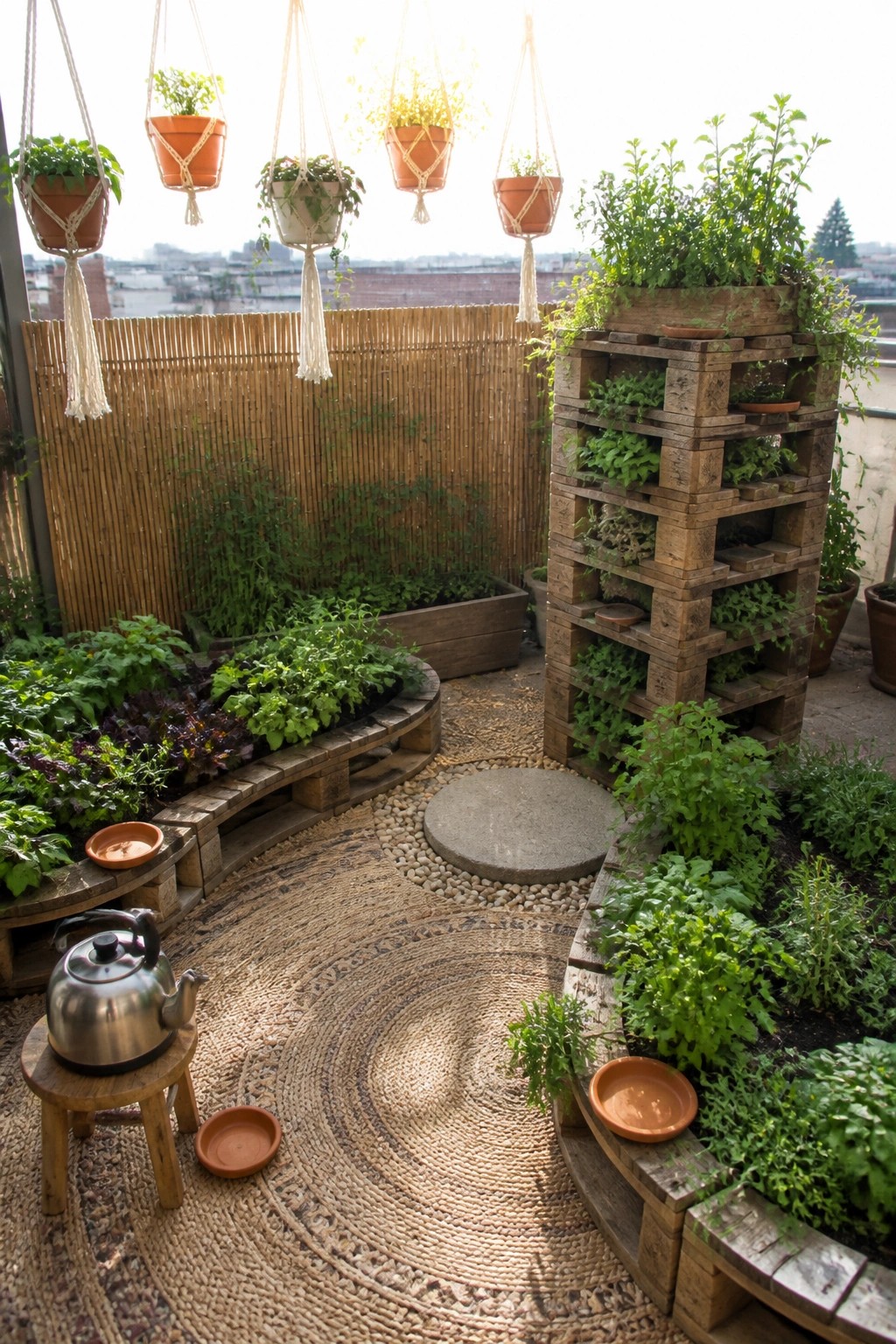 Urban rooftop garden with wooden pallet planters, hanging pots, and woven rug
