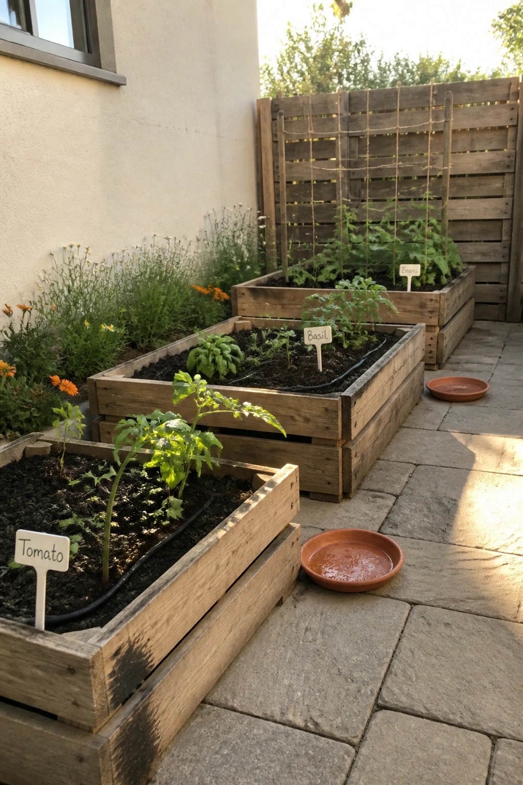 Wooden pallet raised beds with tomato, basil, and bean plants arranged on a stone patio next to a fence.