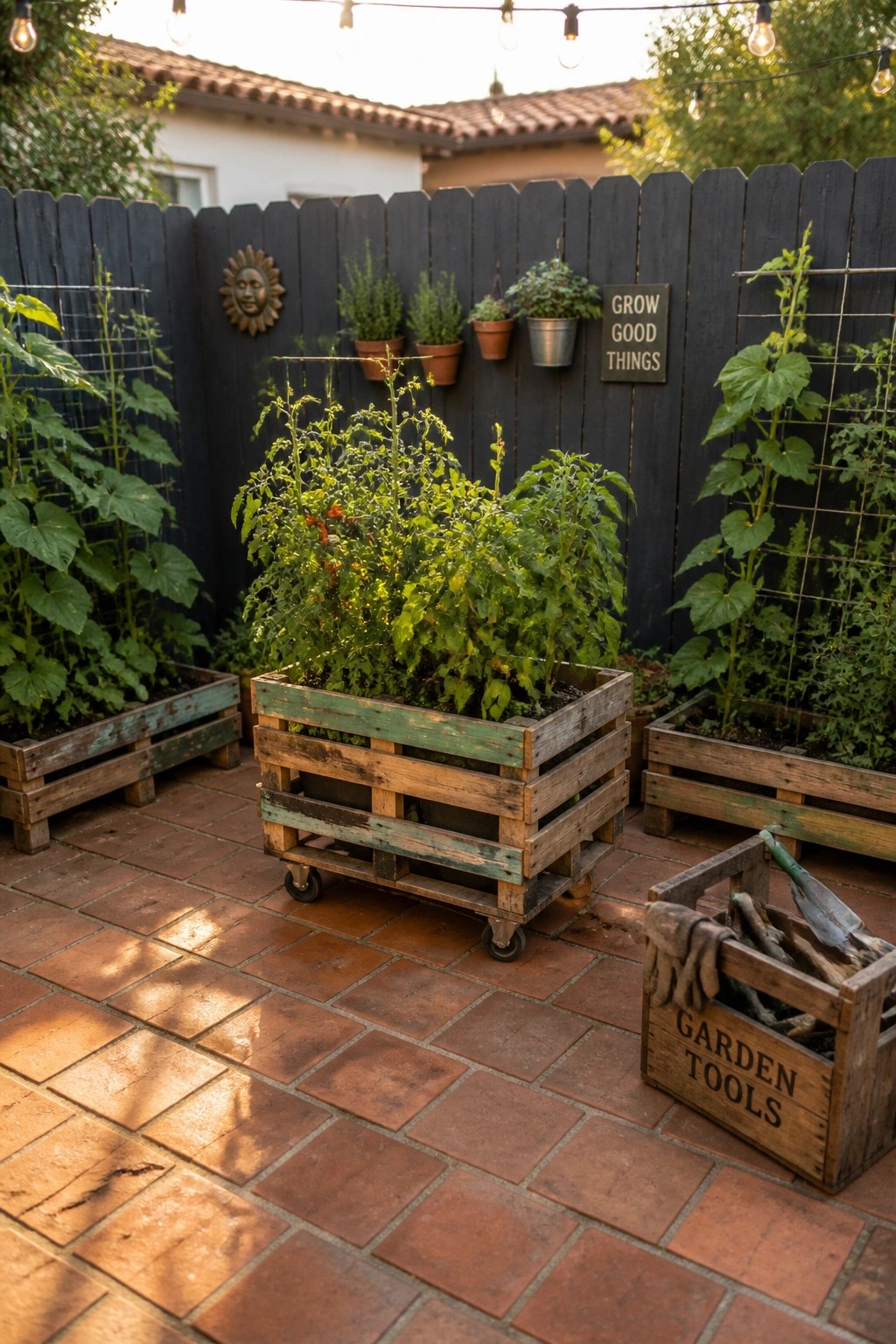 Wheeled wooden crate planter with tomatoes on red brick patio near garden tools box