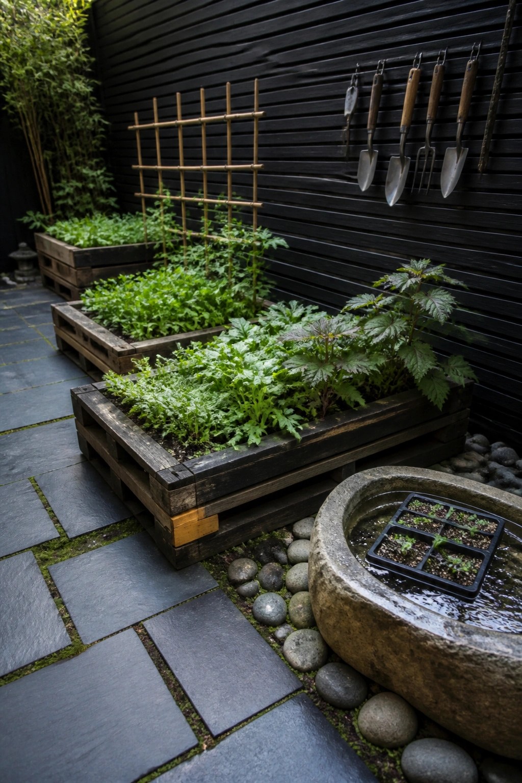 Wooden pallet raised beds with leafy green plants sit on dark stone pavers beside a black wall holding garden tools and a stone basin with a seedling tray.