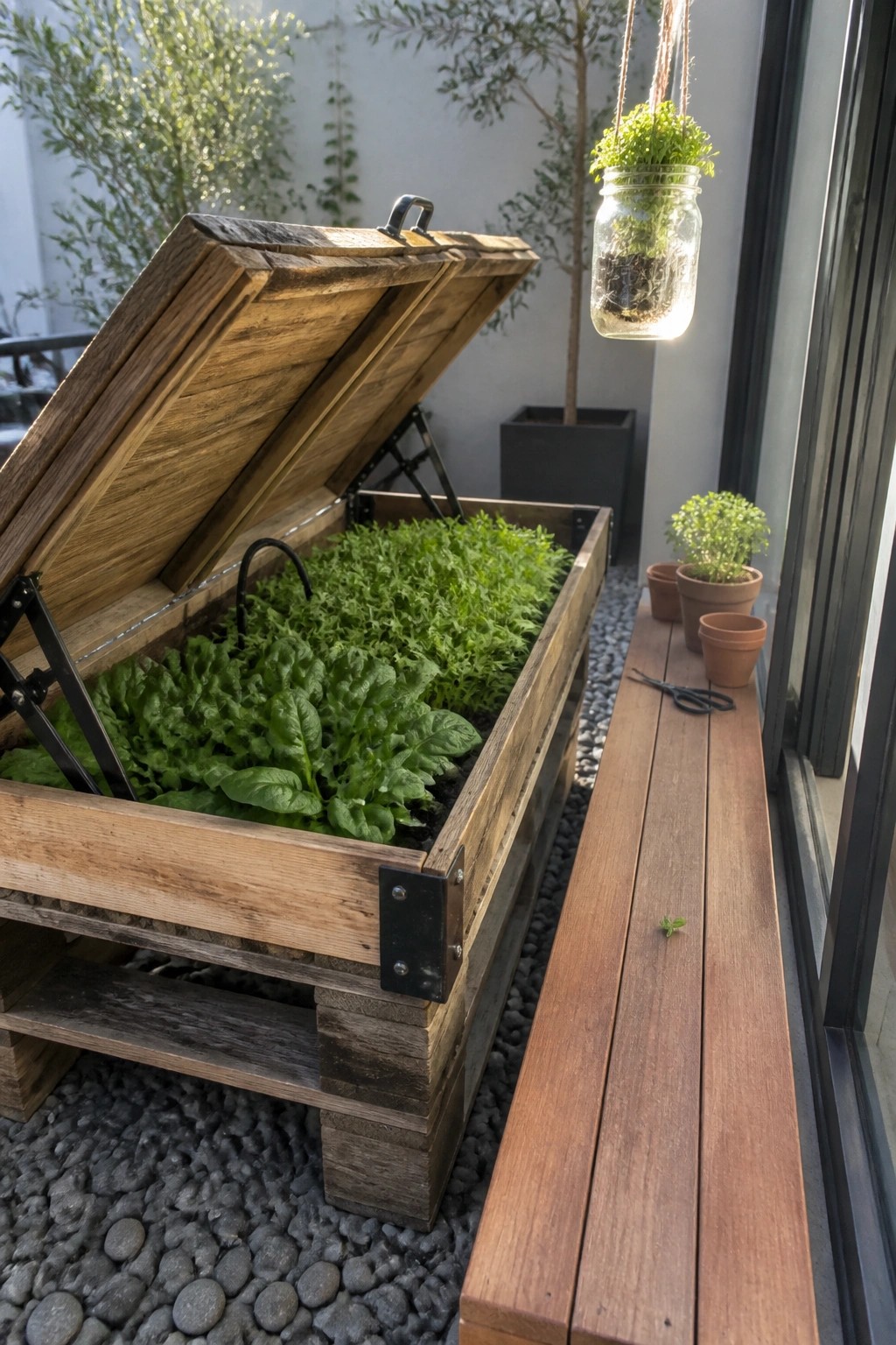A wooden pallet raised bed with an open hinged lid full of leafy greens sits on gravel beside a long wooden bench.