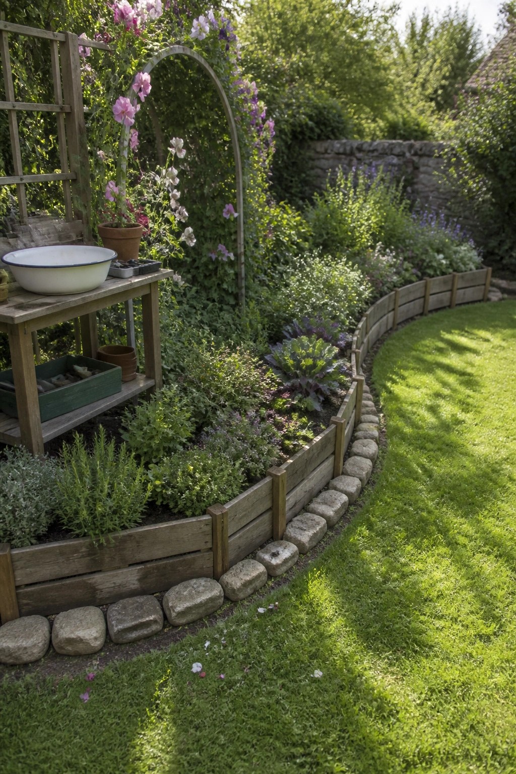 A curved raised garden bed constructed from wooden pallets and lined with stones contains various green plants and flowers beside a lawn.