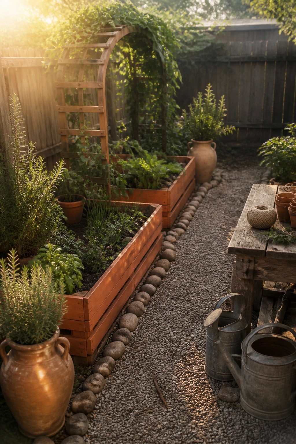 Rustic garden with wooden raised beds, gravel path, terracotta pots and watering cans.