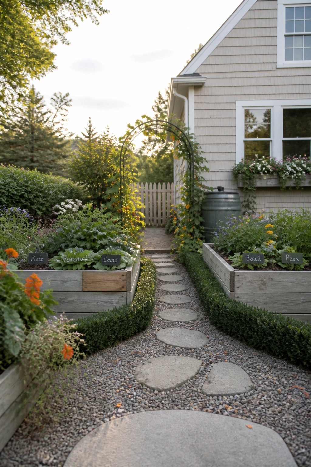 Stepping stone path through raised beds labeled kale, basil, peas, and endive near house