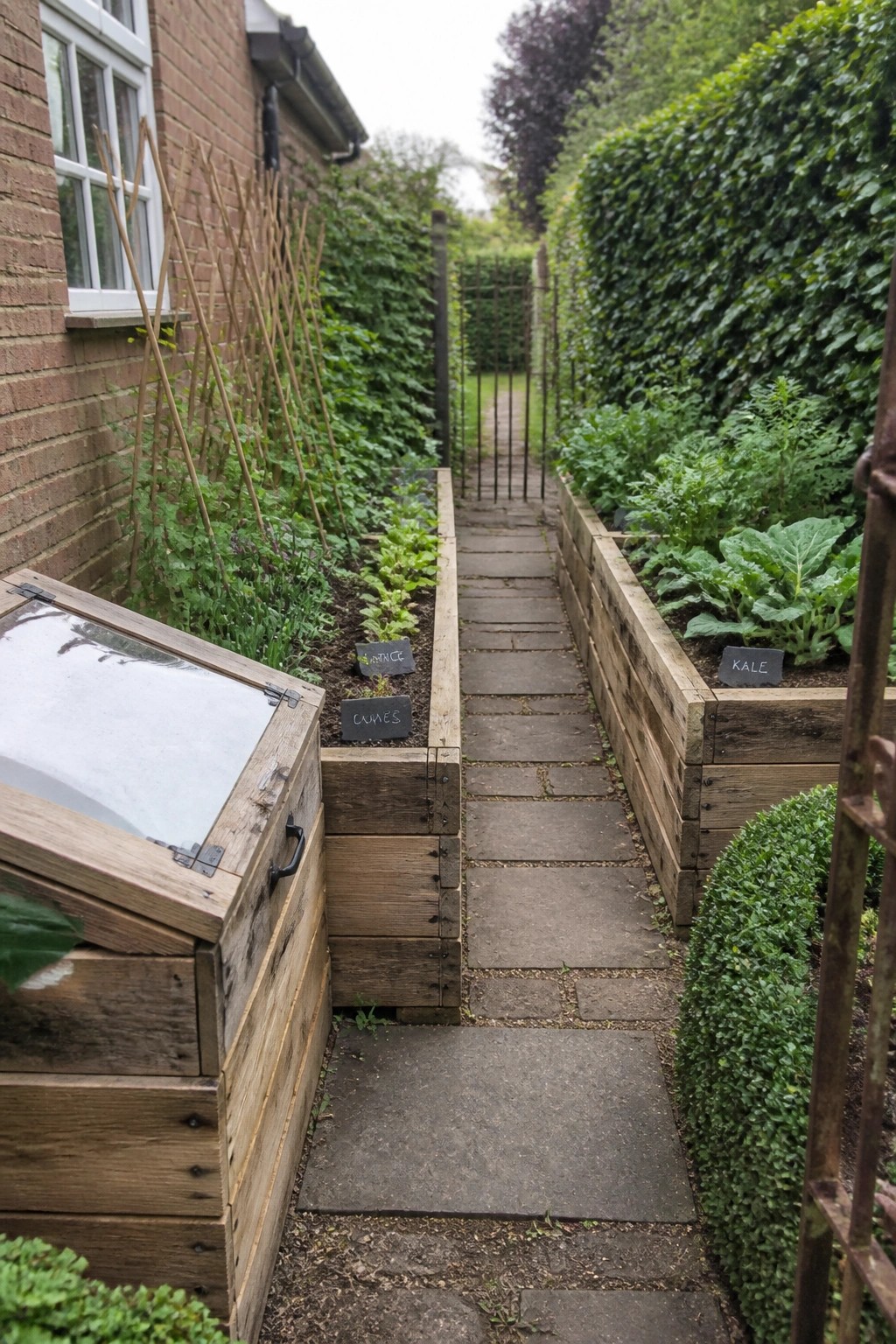 A narrow stone path runs between long wooden raised beds filled with leafy vegetables and small chalk plant labels.