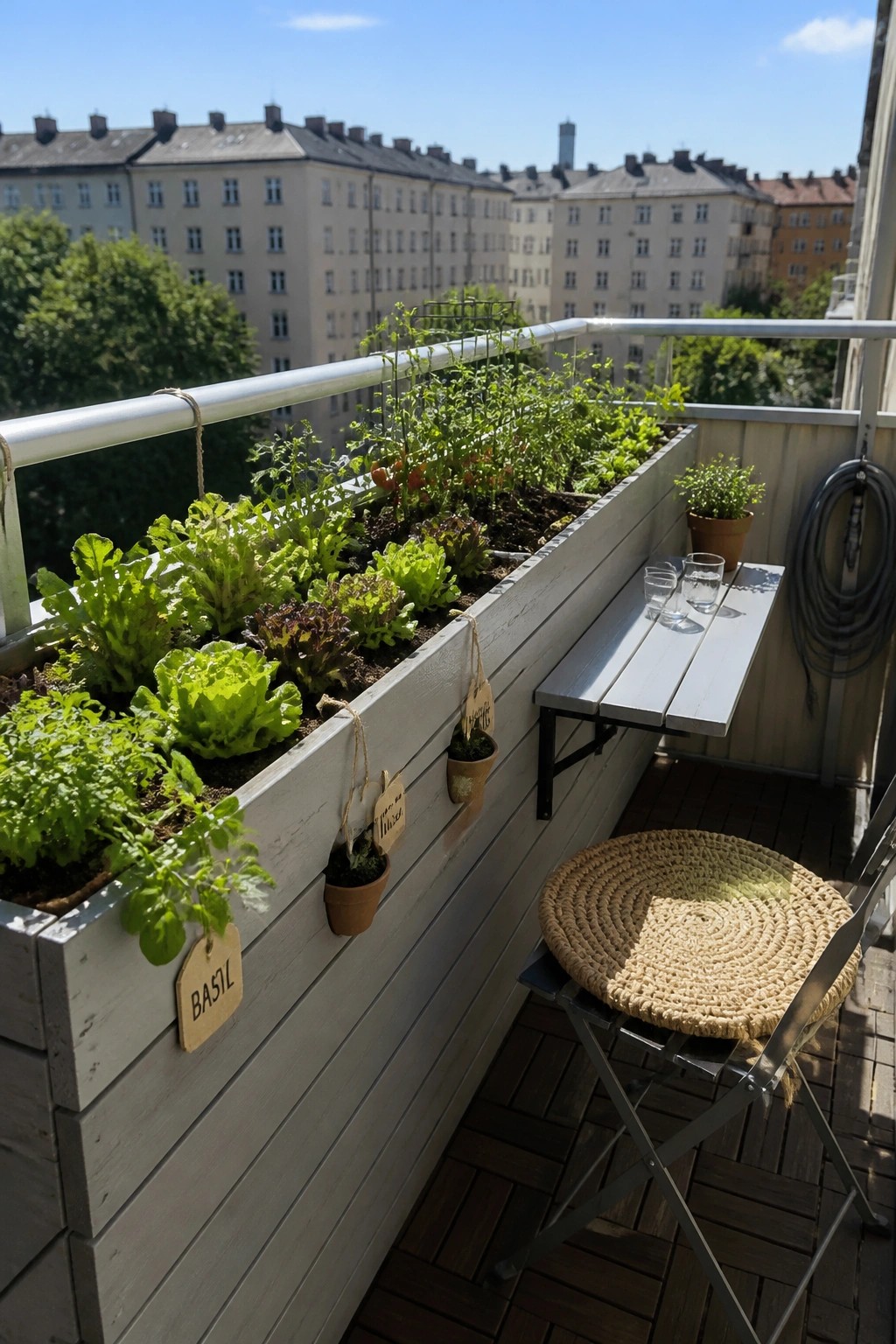 A long wooden raised bed planter with lettuce, herbs, and tomatoes runs along the metal railing of a city balcony beside a small folding table and chair.