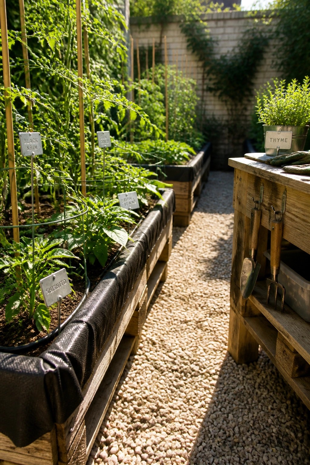 Wooden pallet raised beds lined with black fabric hold rows of vegetable plants with metal labels, set beside a gravel path and a wooden pallet workbench with tools.
