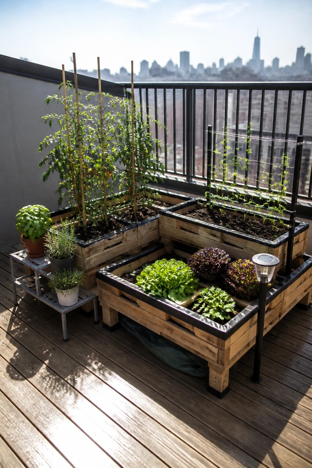 A balcony with multiple raised garden beds built from wooden pallets, containing tomato plants, leafy greens, and herbs, set on a wooden deck with a city skyline in the background.