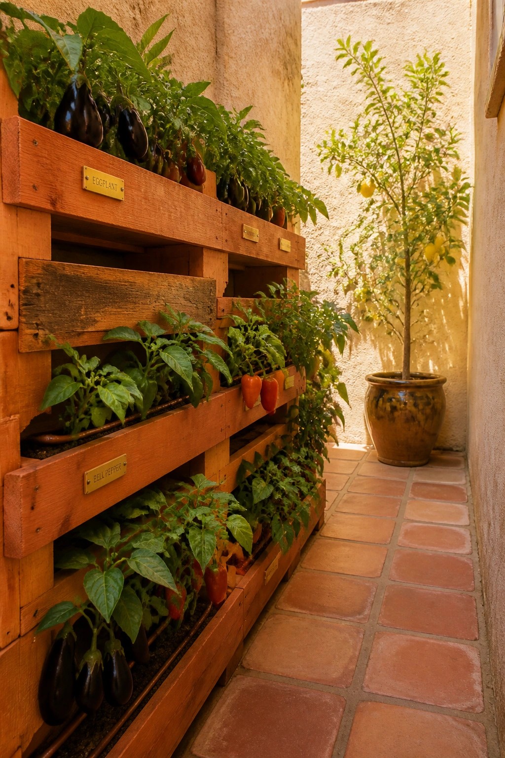 Wooden pallets stacked vertically against a stucco wall to form raised beds filled with eggplant and bell pepper plants, next to a tiled walkway and a large potted citrus tree.